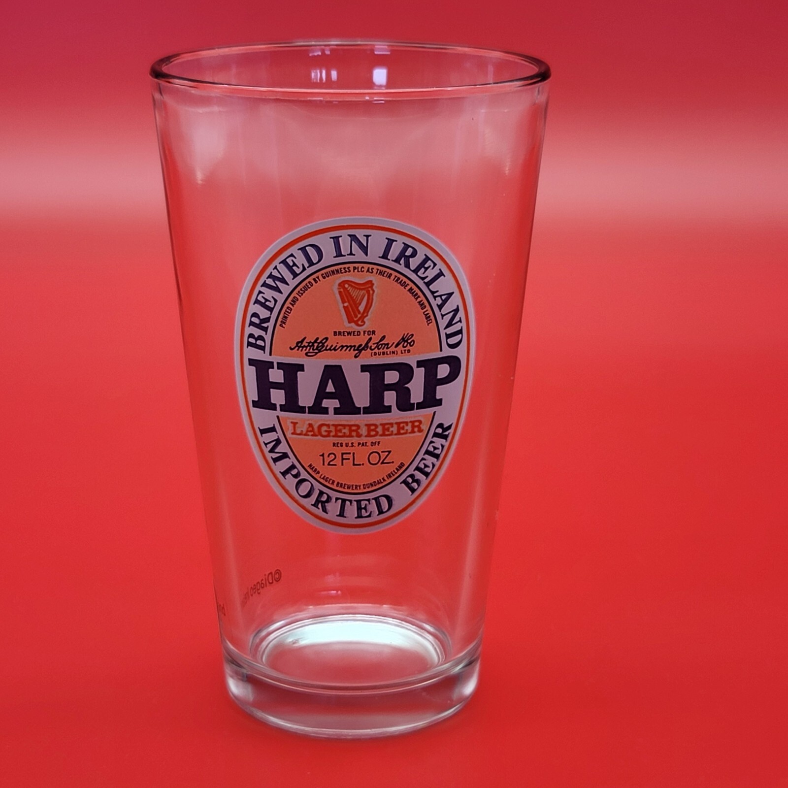 Harp Imported Irish Lager Beer Pint Glass Brewed in Ireland Mancave Barware Pub