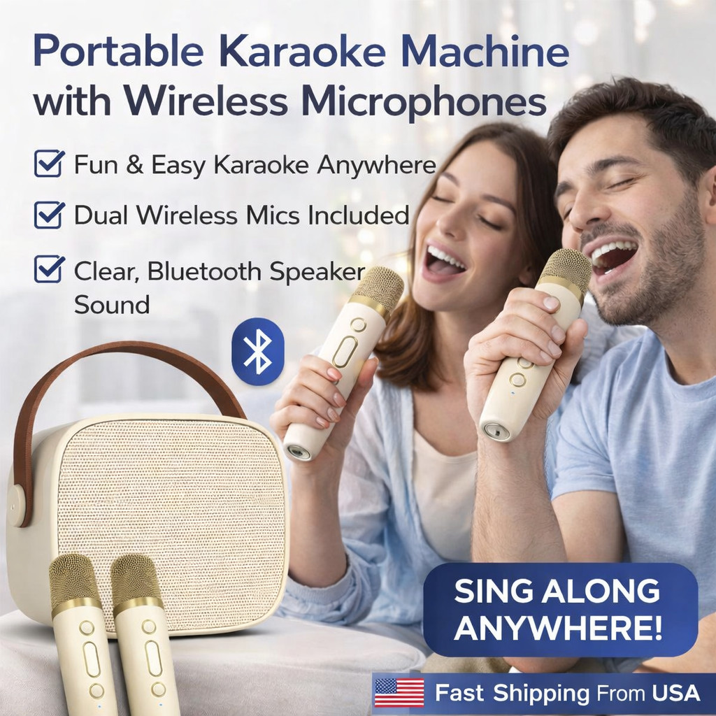 Mini Karaoke Machine with 2 Wireless Microphones & Portable Bluetooth Speaker