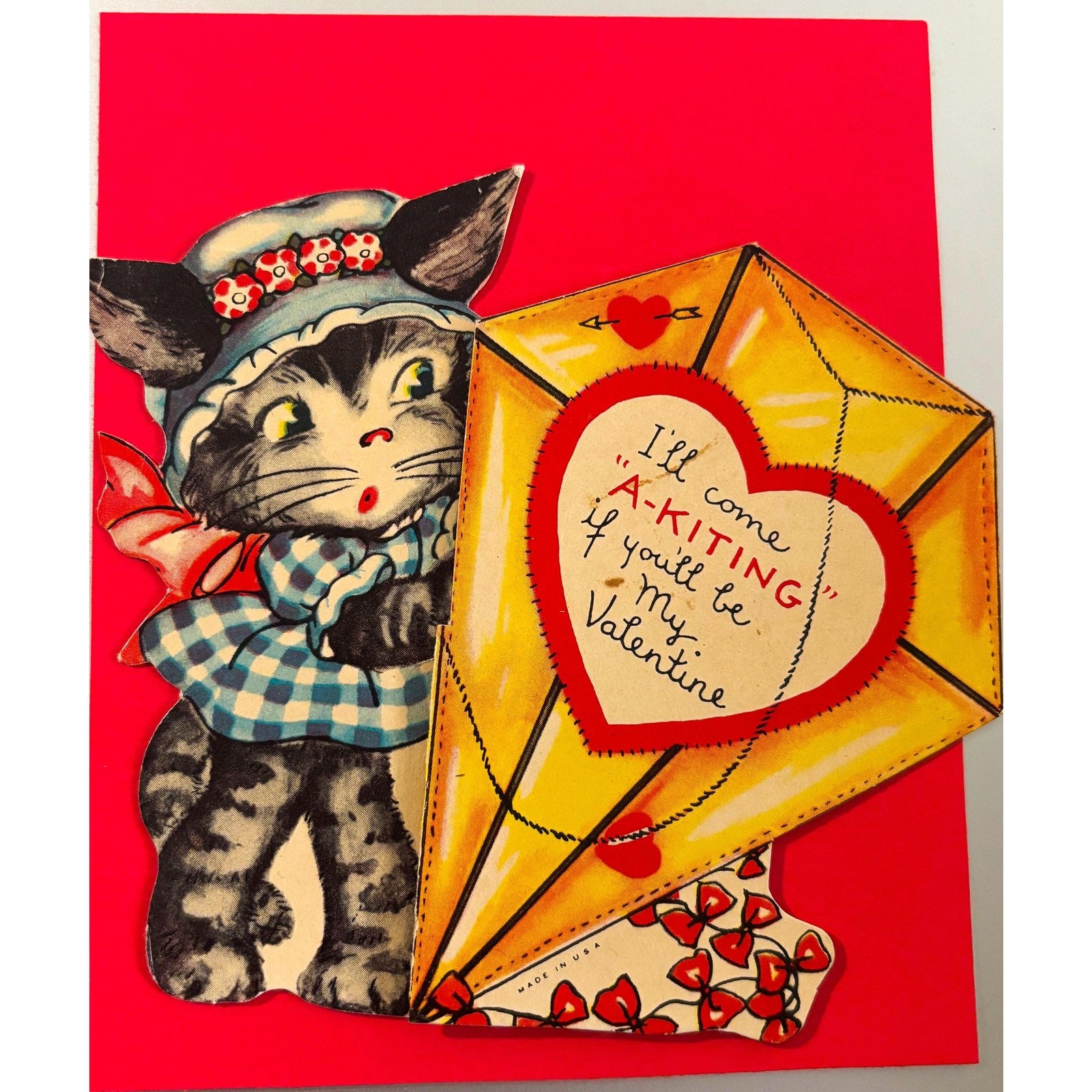 Vintage 1930s Mechanical Valentine Card – Cat Flying Kite, Made in USA