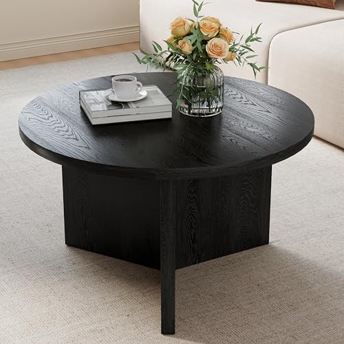  27.5" Round Black Coffee Table, Modern Wood Grain Center Table with Triangle 
