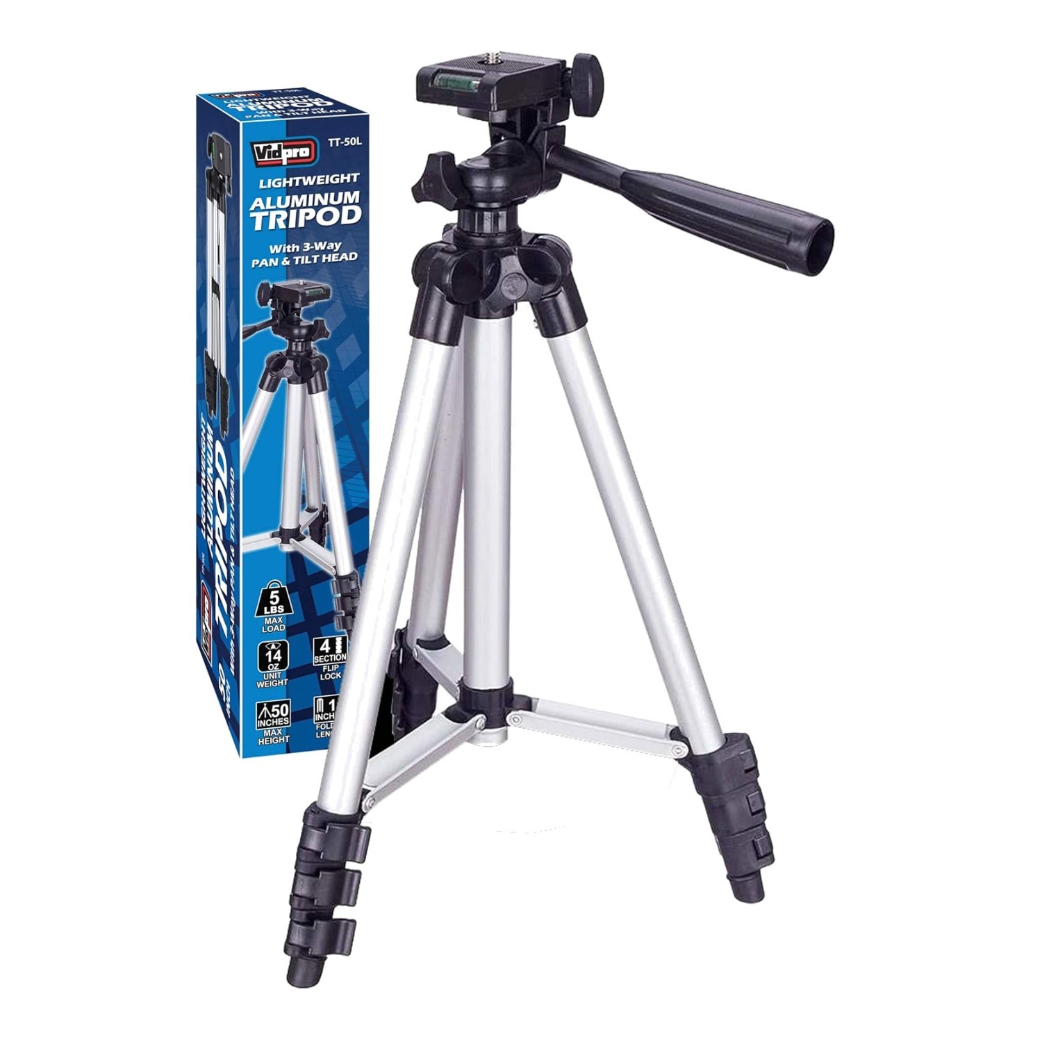 Compact 50-Inch Tripod with Easy Flip-Lock Legs & Integrated Bubble Level