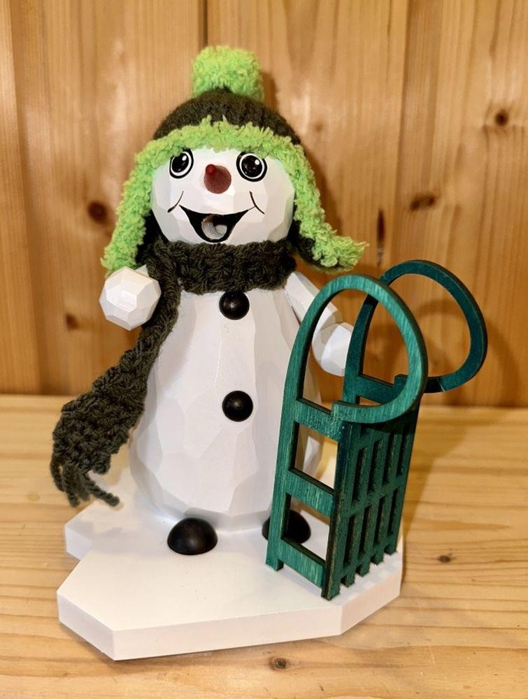 Carved Snowman Incense Burner Arthur With Sled & Hat, 16 Cm High, Ne