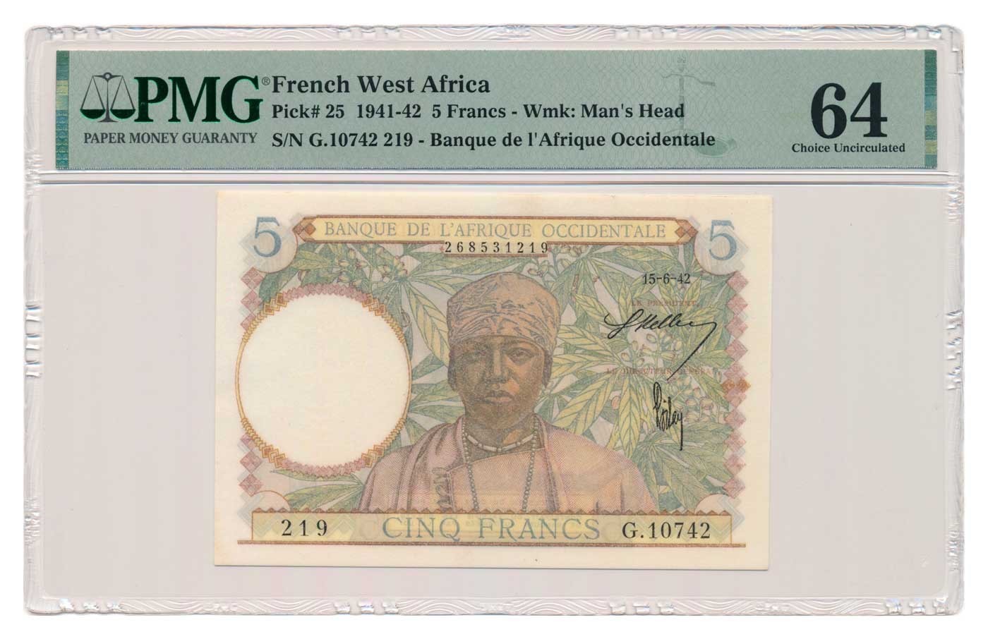 FRENCH WEST AFRICA banknote 5 Francs 15.6.1942 PMG MS 64 Choice Uncirculated