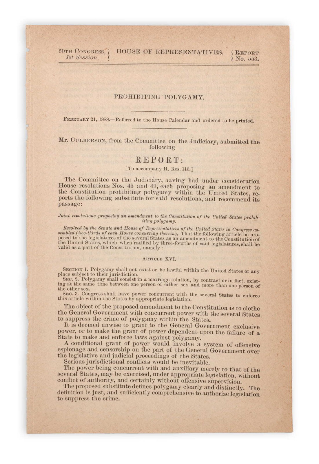 [Mormons] – 1888 Report on Constitutional Amendment to Prohibit Polygamy;…