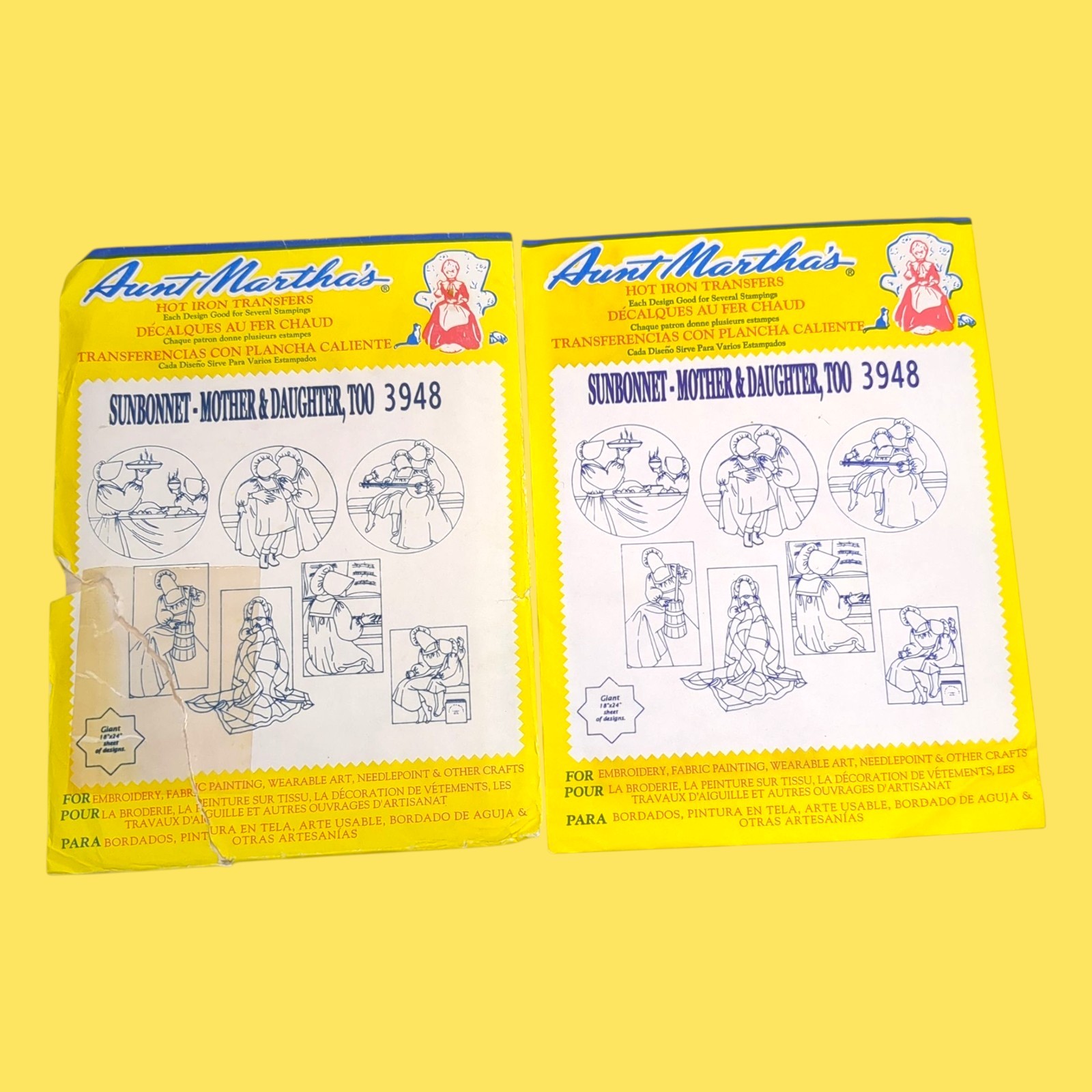 Lot 2 Aunt Martha's Hot Iron On Transfers #3948 - Sunbonnet Mother & Daughter