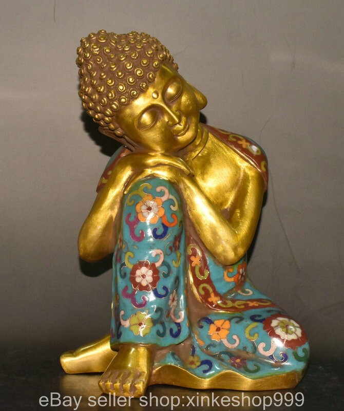 8.8" Old Chinese dynasty Cloisonne Copper Gilt Sleeping Buddha sculpture Statue