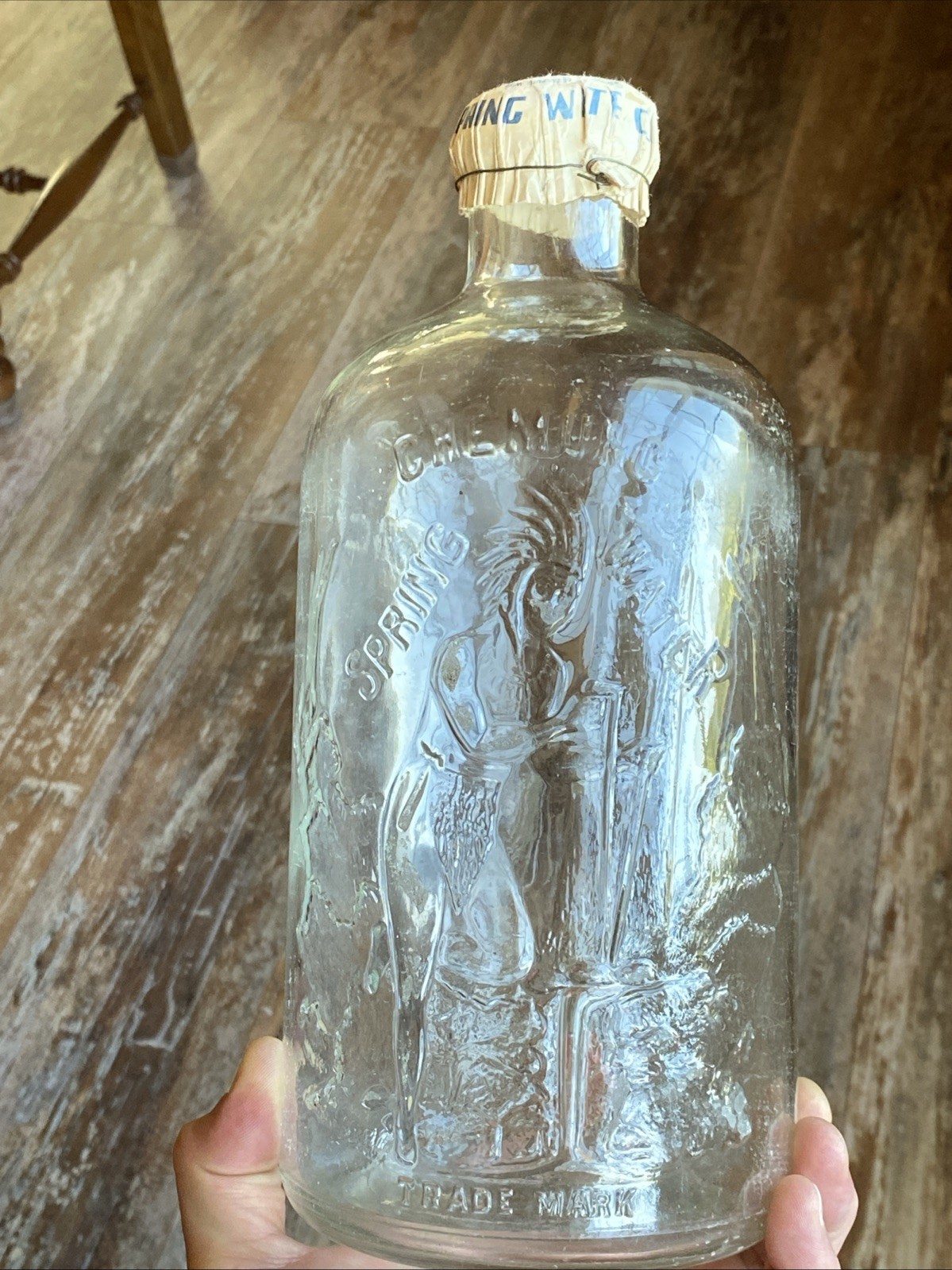 Vintage Chemung Spring Water Bottle Indian Embossed Half Gallon w/ Paper Cap