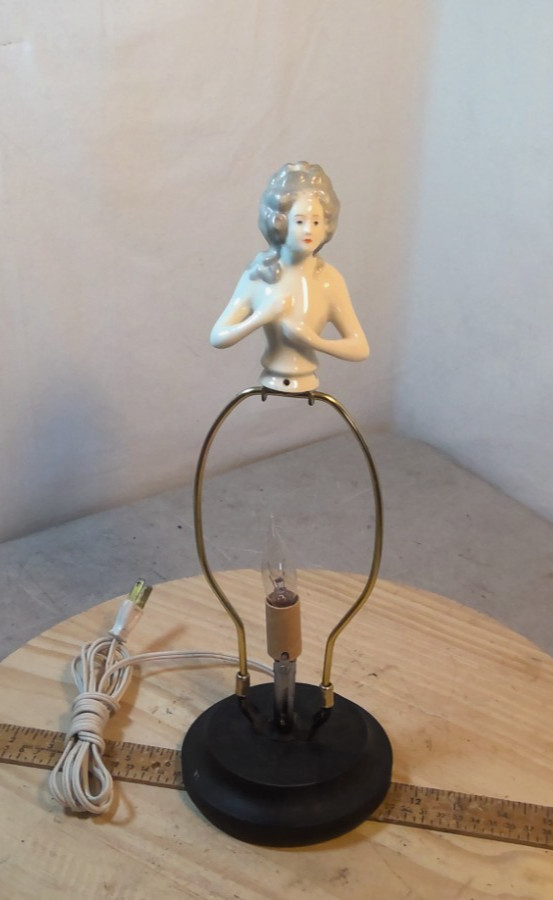 Antique Victorian Ceramic Lady Half Doll Boudoir Table Lamp 10.5"