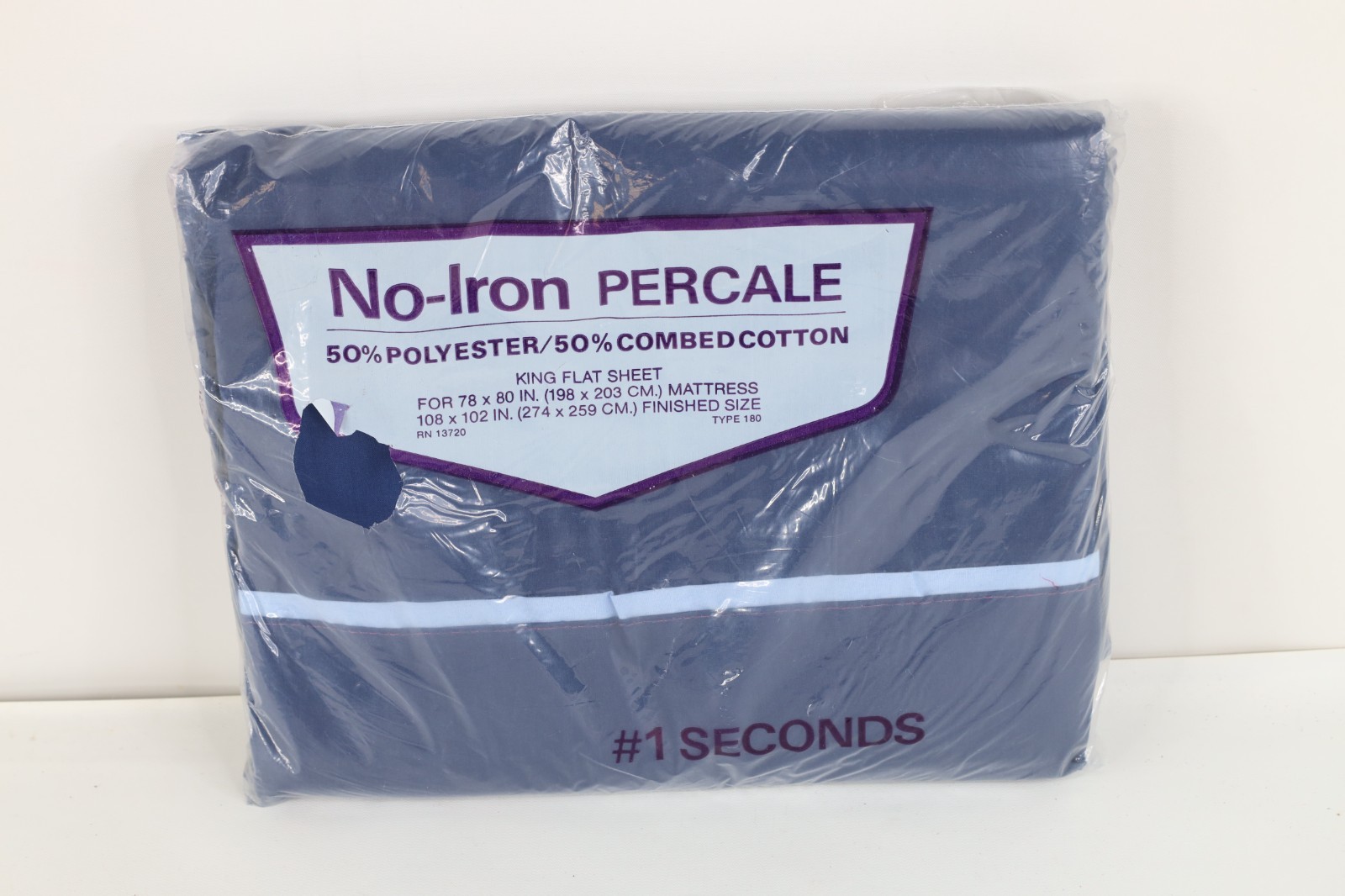 Deadstock Vintage 80s 90s No Iron Percale King Flat Sheet Navy Blue 108x102"