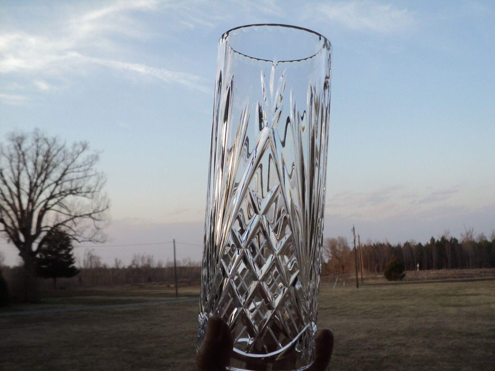 Lead Clear Glass Crystal Candle Hurricane Lamp Shade Diamond Pattern  - 10 1/2"