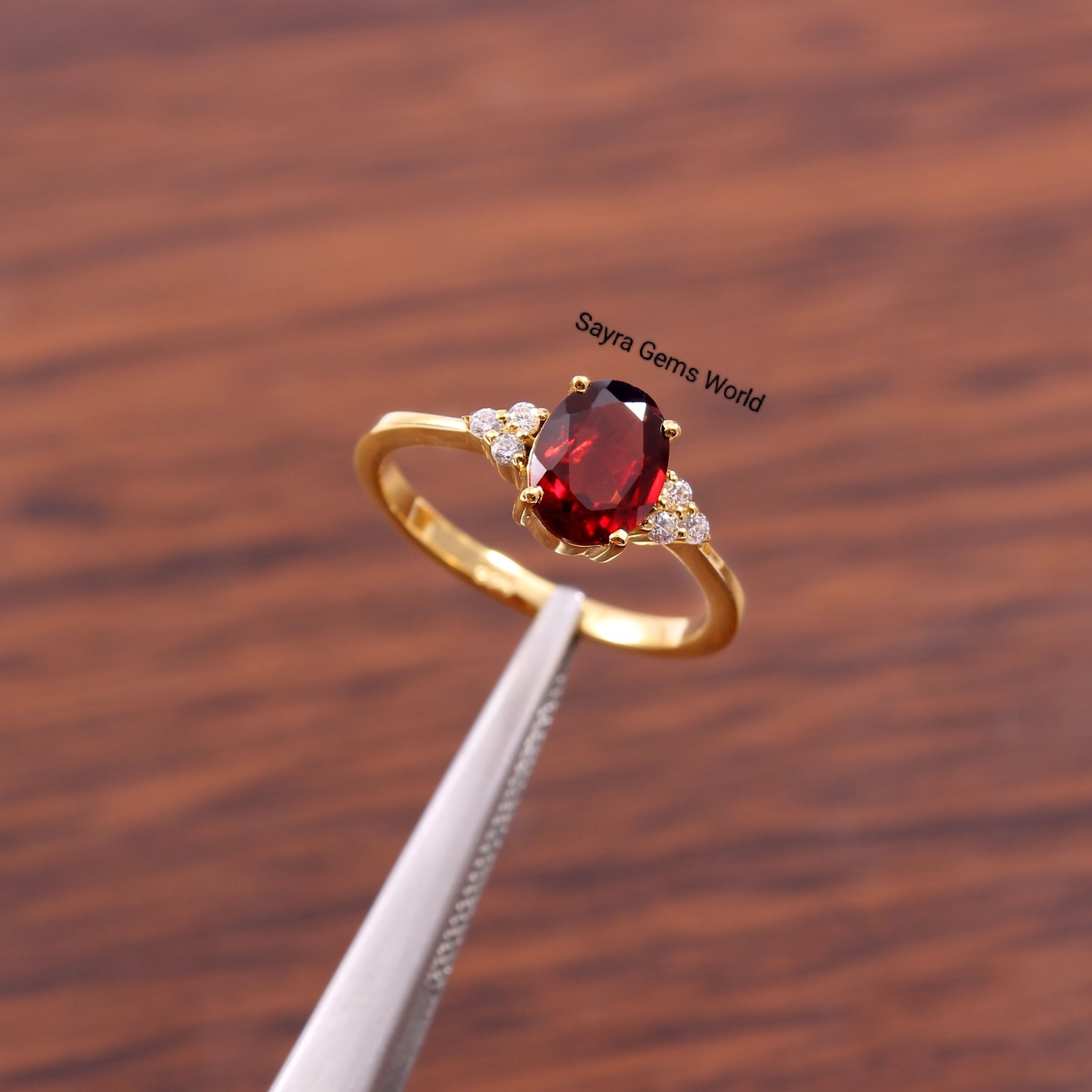 Handmade Garnet Ring: Yellow Gold Sterling Silver Ring, January Birthstone Ring