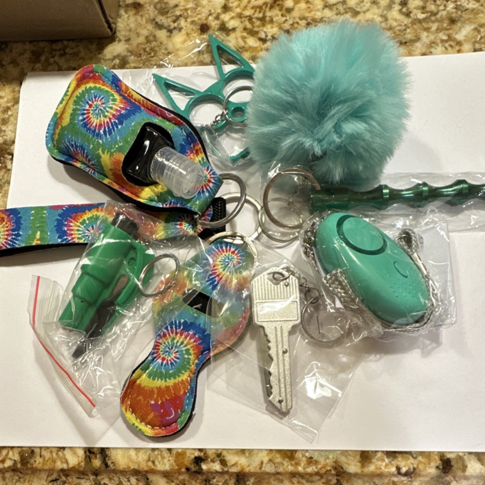 Personal Security Keychain Set with Alarm, Kubaton, Cat Keychain, Tie-Dye Pom
