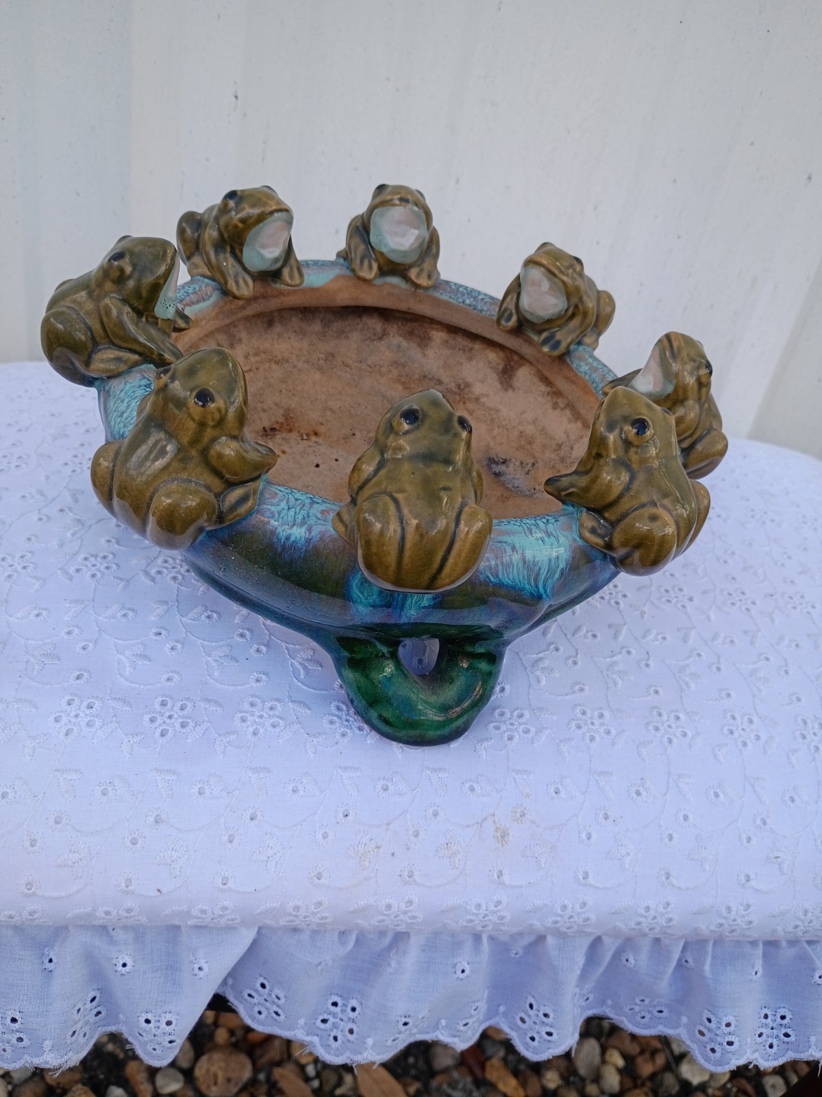 Vintage Majolica Style Frog Planter - Glazed Ceramic Bowl 8 Chubby Frogs