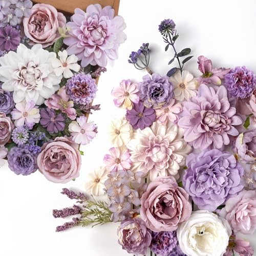  Artificial Flowers Combo Set Silk Roses, Peonies, Dahlias with Stems Purple