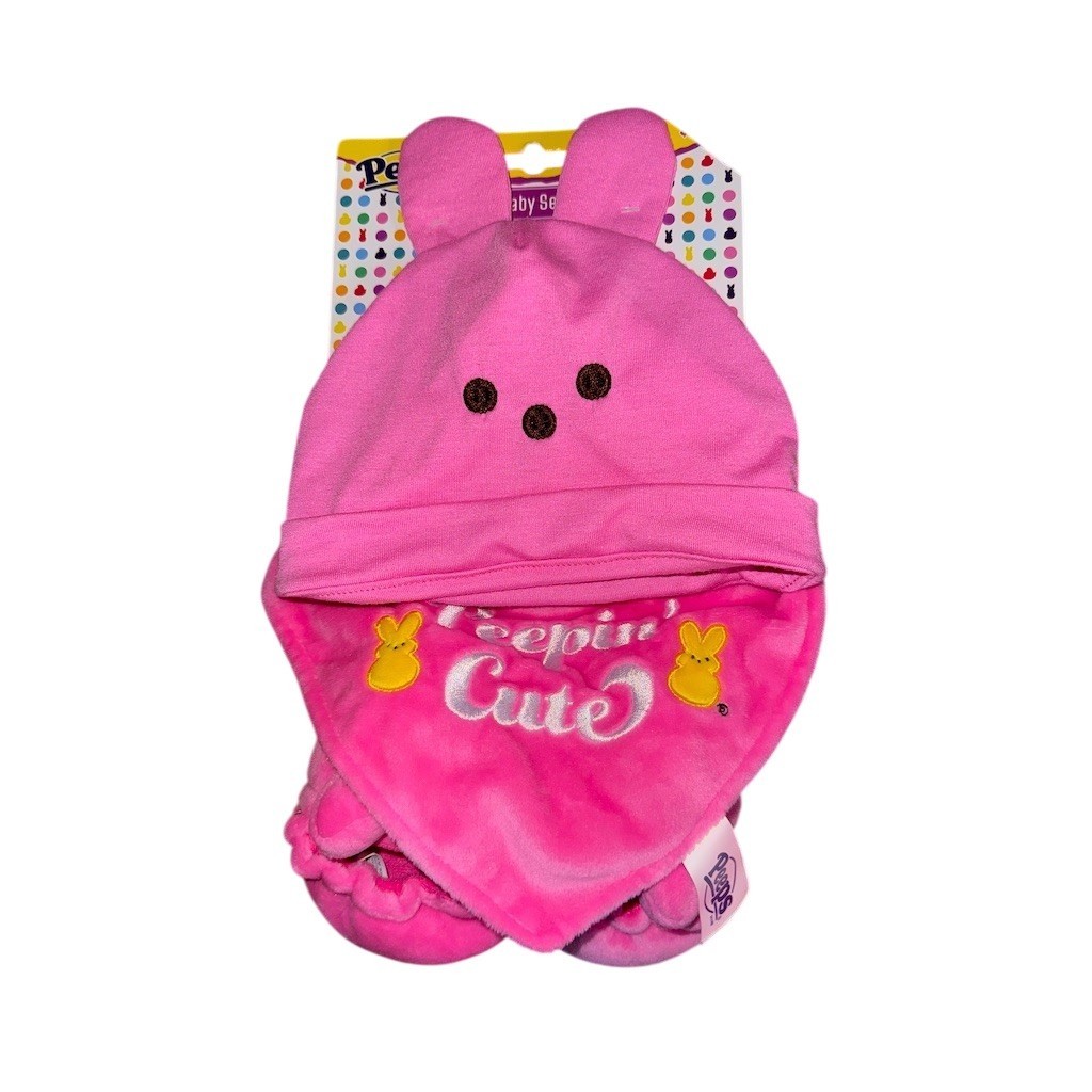 Peeps Peepin' Cute Baby 3-Piece Set Pink Bunny Ears Hat Bib Slippers