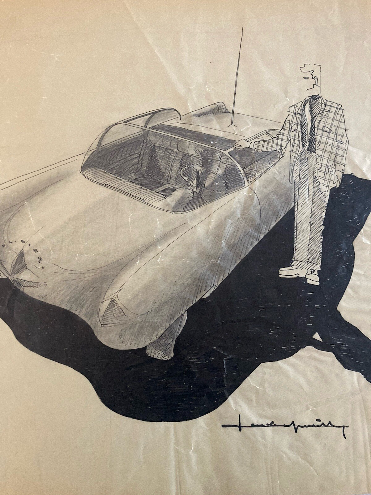 Beautiful Ink Drawing Pencil Paper Car Design Bubble 1950 Automobile