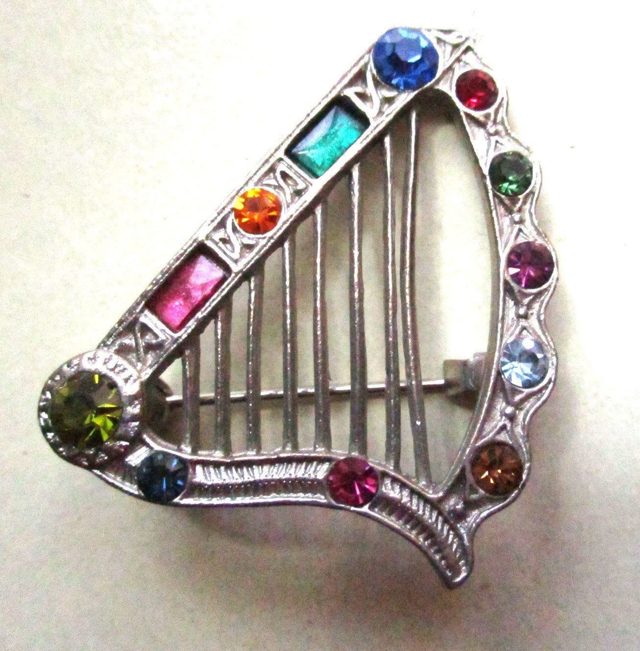 Sol d'Or Brooch Pin Silver Harp with Multicolor Rhinestones Irish Celtic Music
