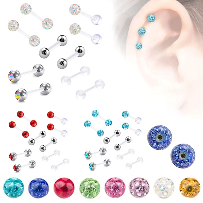 10pcs Acrylic Crystal Ear Stud Cartilage Tragus Bioflex Bar Barbell Piercing Set