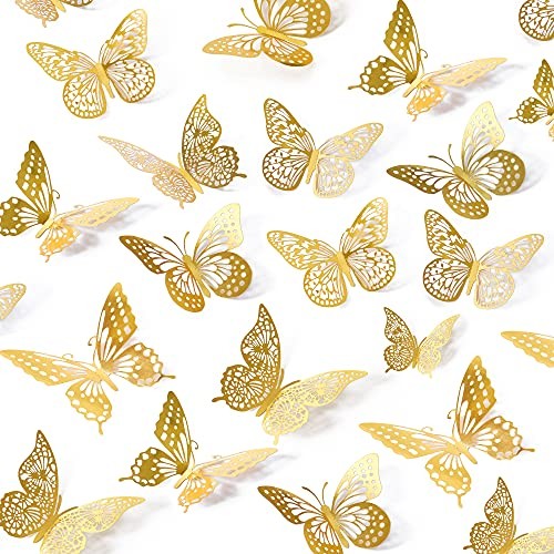  3D Butterfly Wall Decor - 48 Pcs, 4 Styles, 3 Sizes, Gold 48 Pcs, Gold