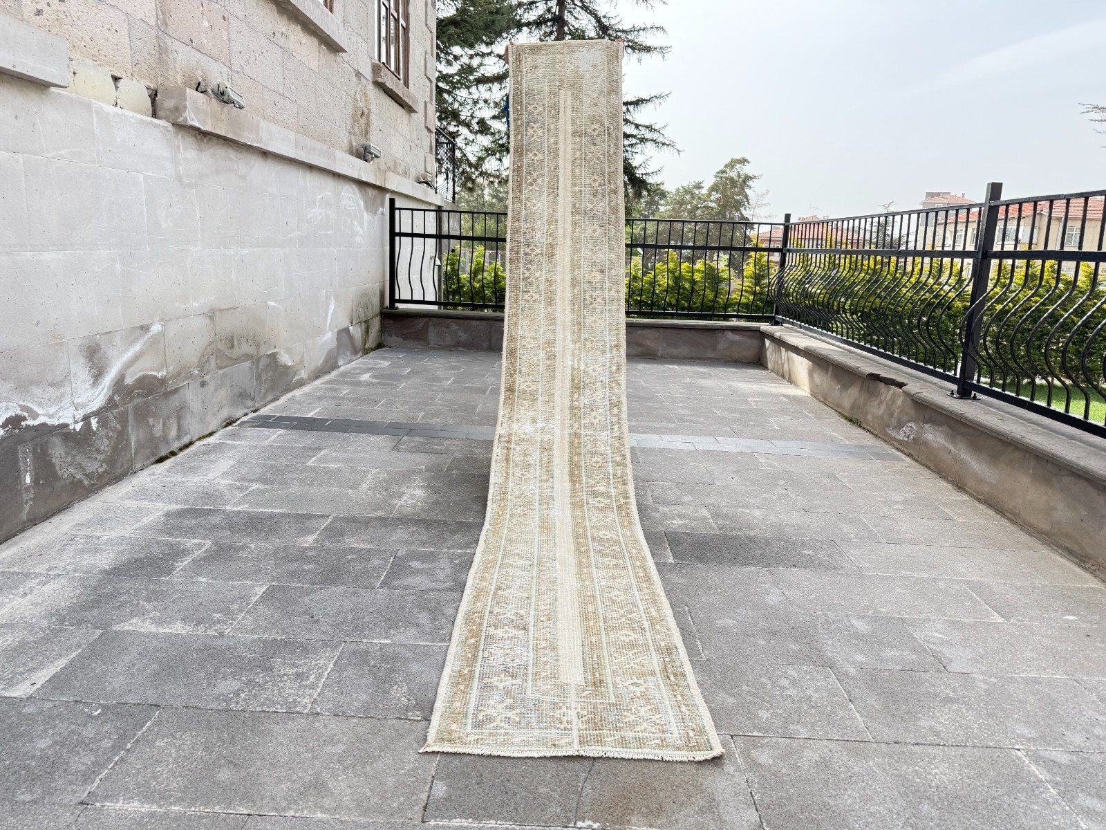 Vintage Turkish Runner 1.9x12.6 Ft | Muted Gold Beige Oushak | Distressed Long