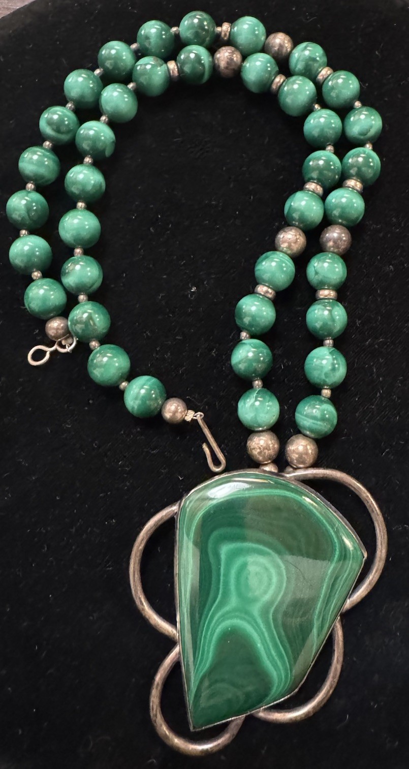 Green Malachite Beaded Necklace with Sterling Silver Accents Southwestern Style