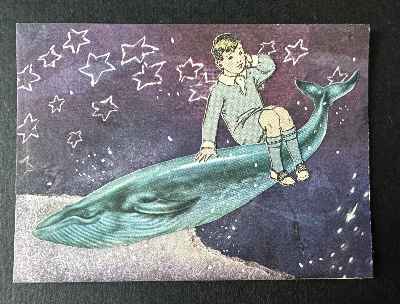  ACEO original art card collage hand-cut paper child whale universe space