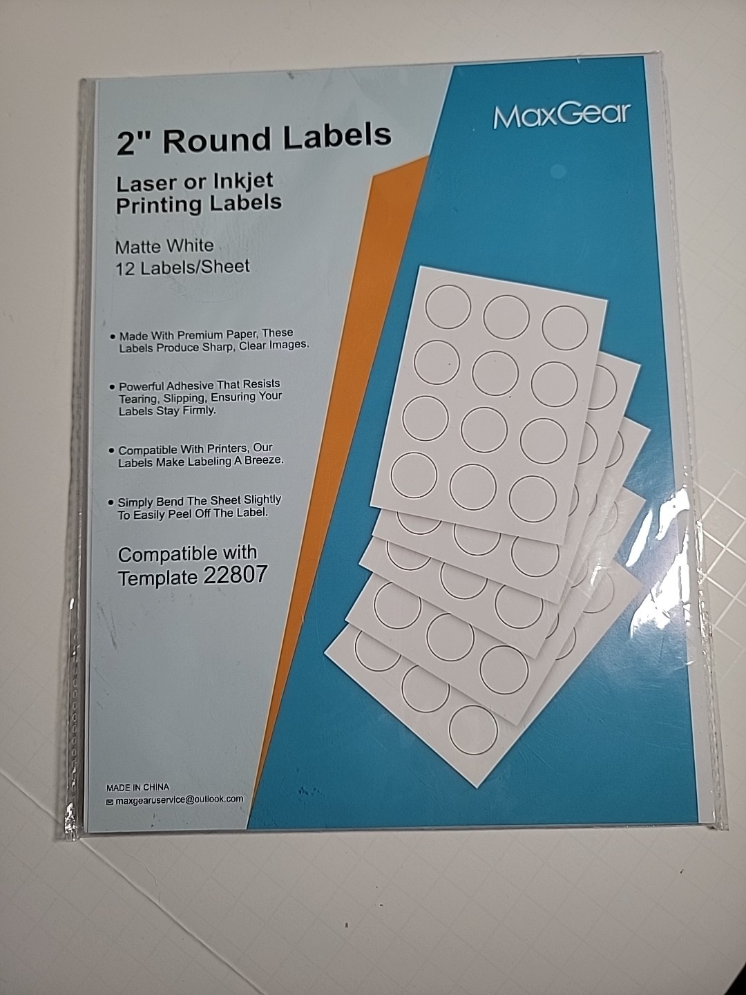MaxGear 2" Round Printable Sticker Labels Matte White, Inkjet & Laser, 30 Sheets