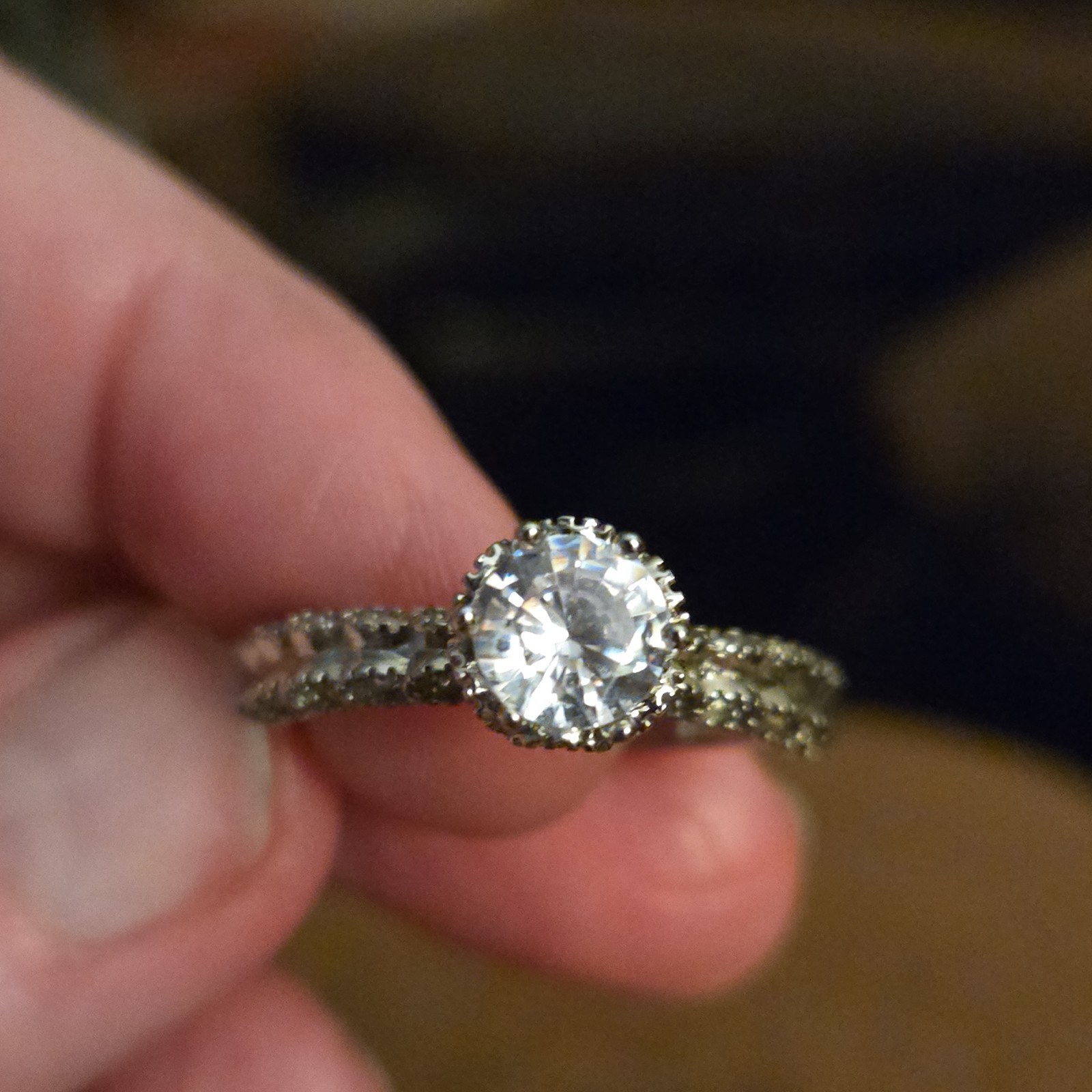 Sterling Silver 925 Engagement Ring Clear Round Center & Side Stones