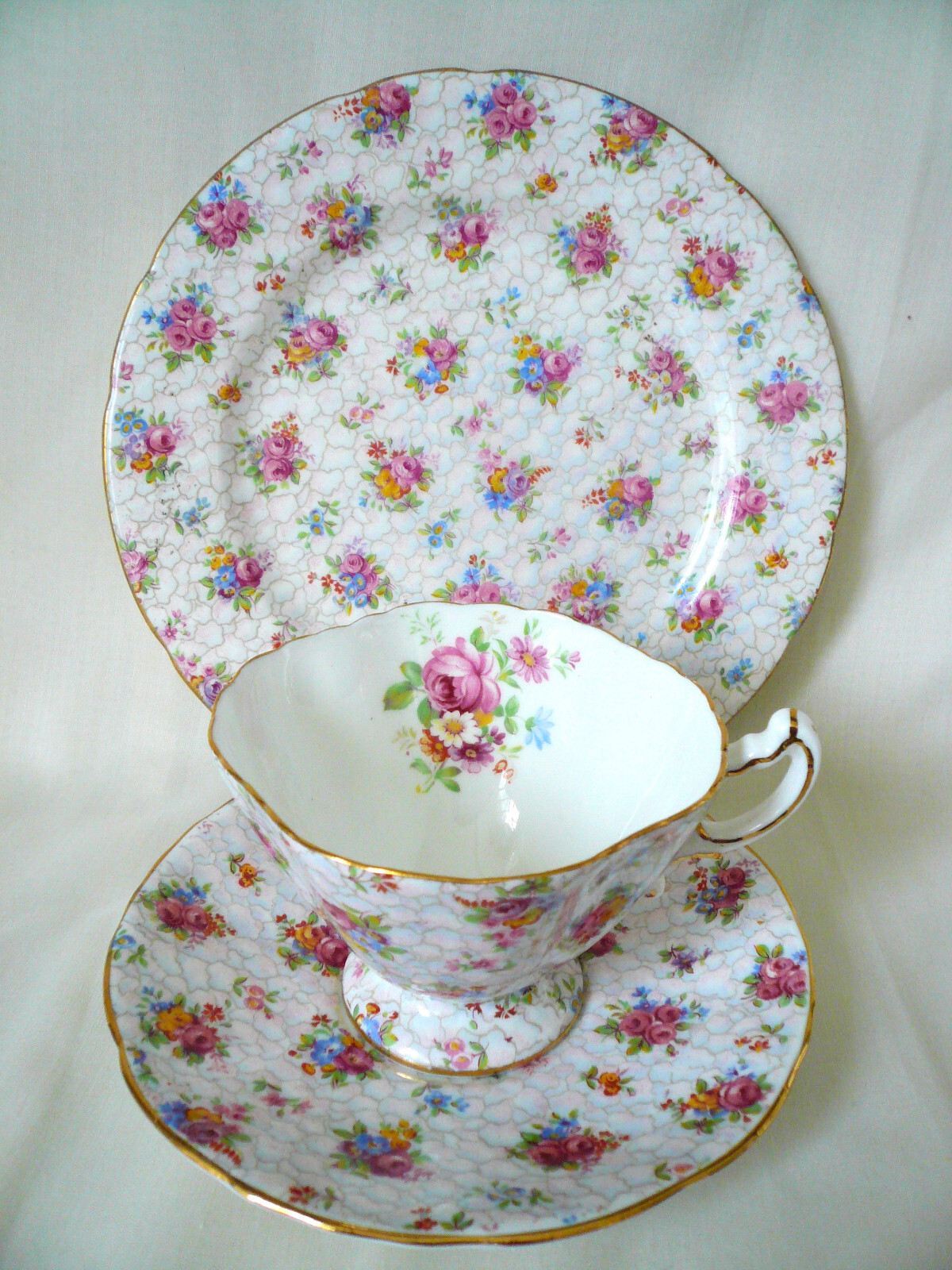 Hammersley England Trio Set Cup Saucer Plate Chintz Rose Floral Teacup Tea