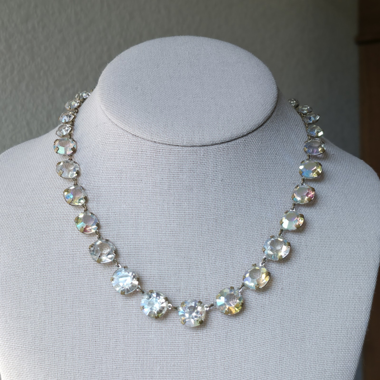 Vintage Necklace Aurora Borealis Glass Rhinestone Choker 