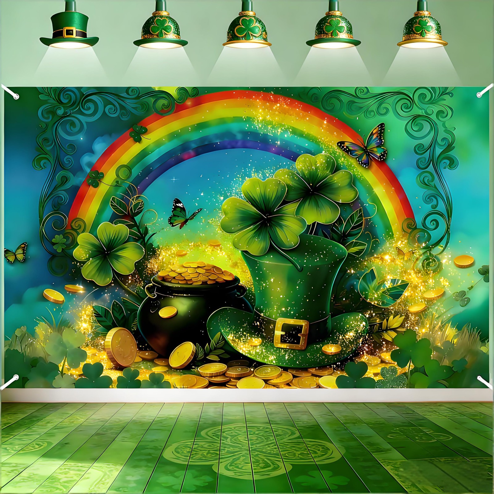 7 x 5 ft Happy St Patricks Day Backdrop Rainbow 7x5FT, rainbow, gold, green 