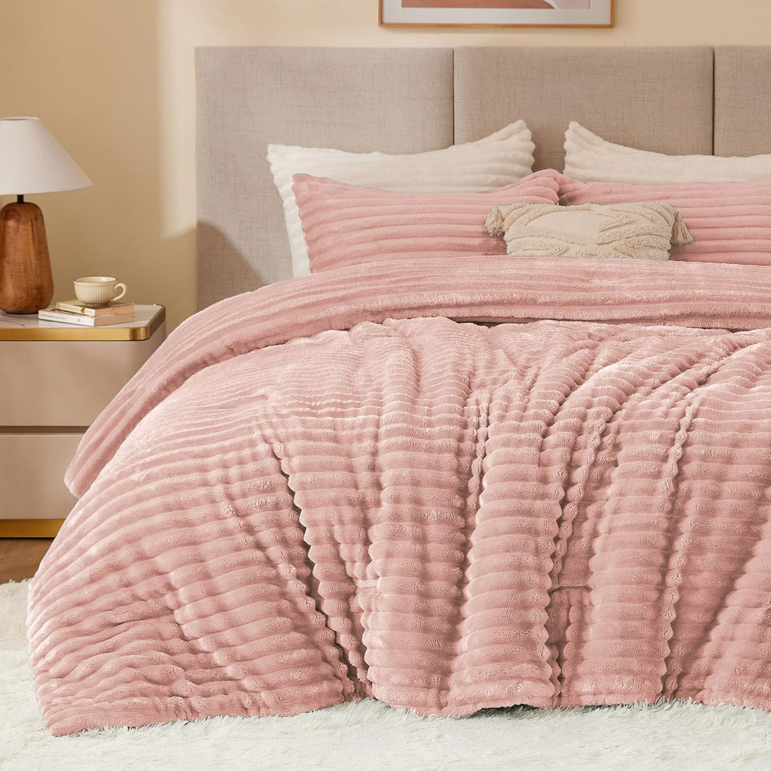 Fleece Queen Comforter Set -Super Soft & Warm Fluffy Dusty Pink Bedding, Luxury 
