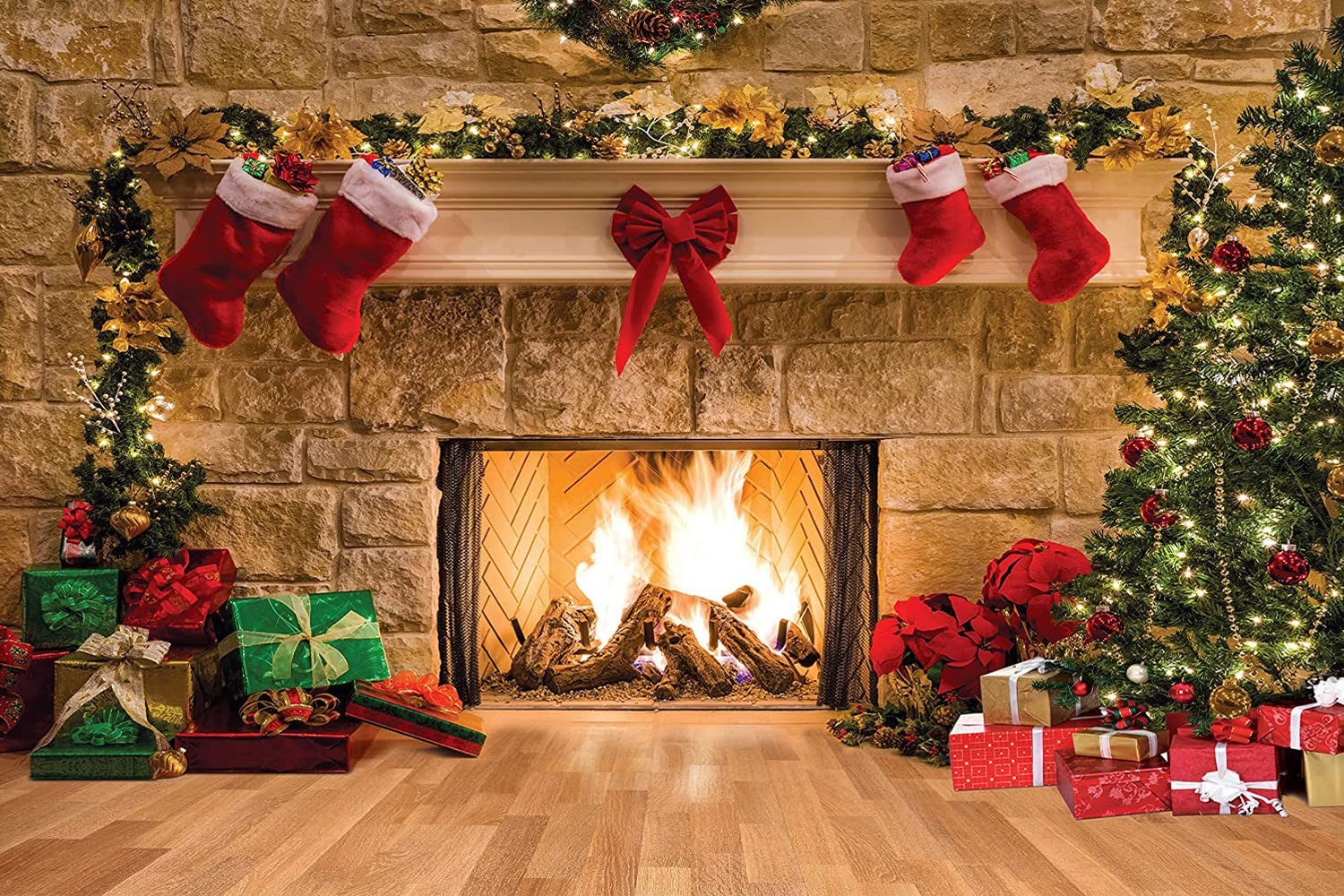 15x10FT Christmas Photography Backdrops Christmas Fireplace Decoration Backgr...
