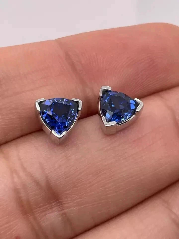 2 CT Trillion Cut Lab-Created Blue Sapphire Stud Earrings 14k White Gold Plated