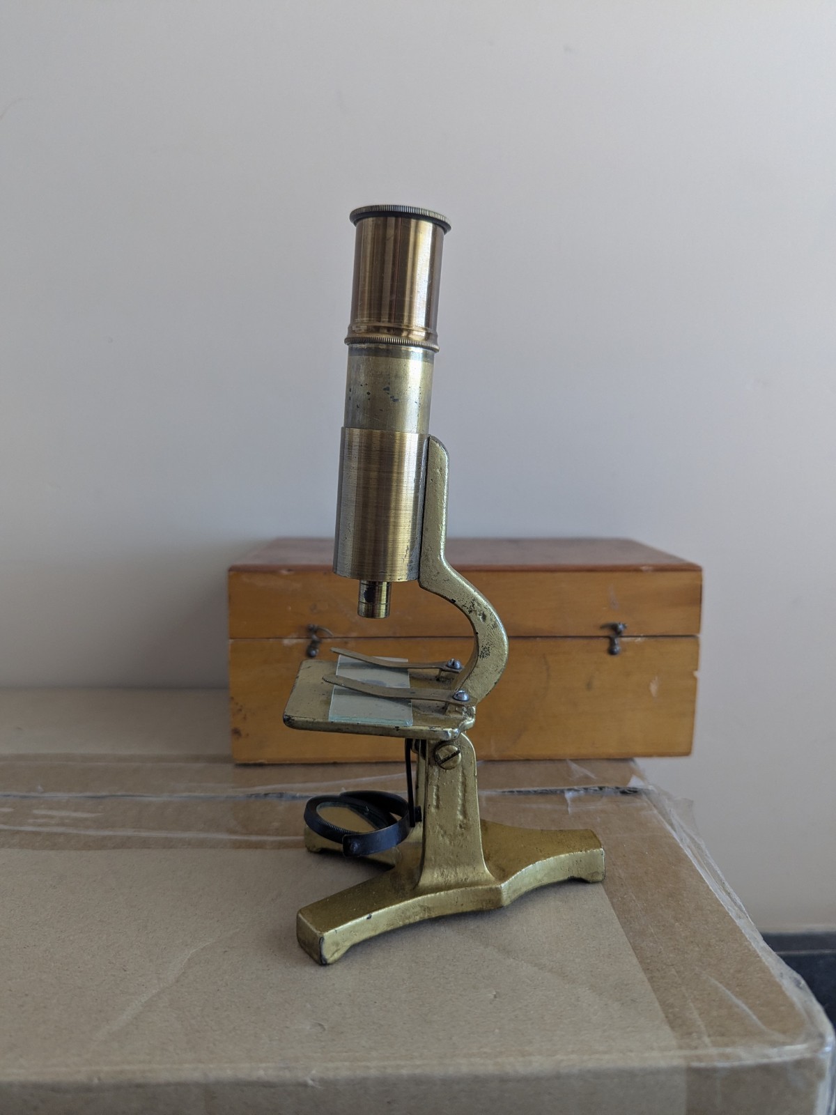T H McAllister Antique Brass Student Microscope W Wooden Box