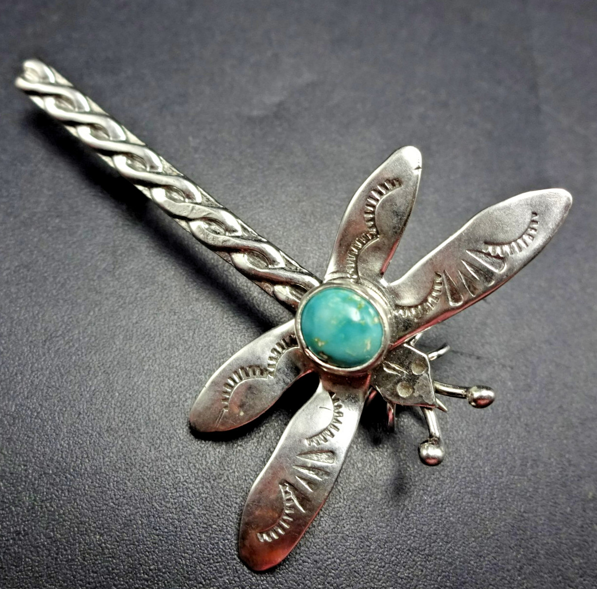 LUCKY Sterling Silver DRAGONFLY PIN/BROOCH with TURQUOISE Cabochon