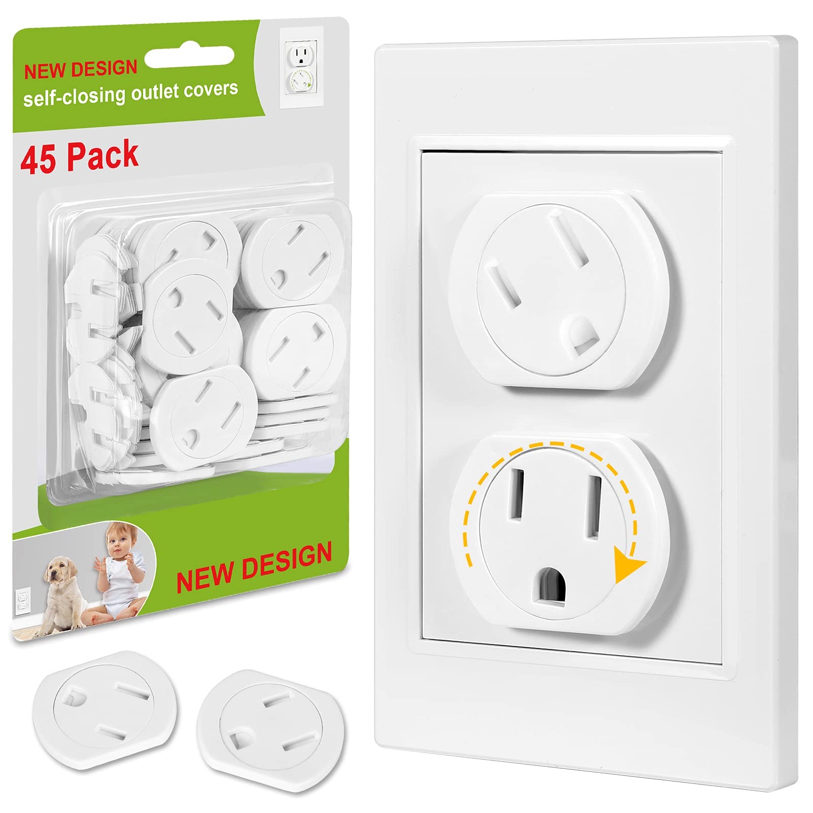 Outlet Covers (45 Pack) Self-Closing Outlet Plug Covers 3-Prong Swivel Electr...