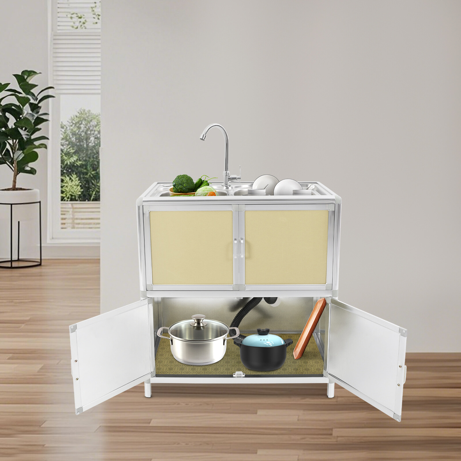 Modern Kitchen Sink Freestanding Sink with Cabinet/Faucet for Home Kitchen New