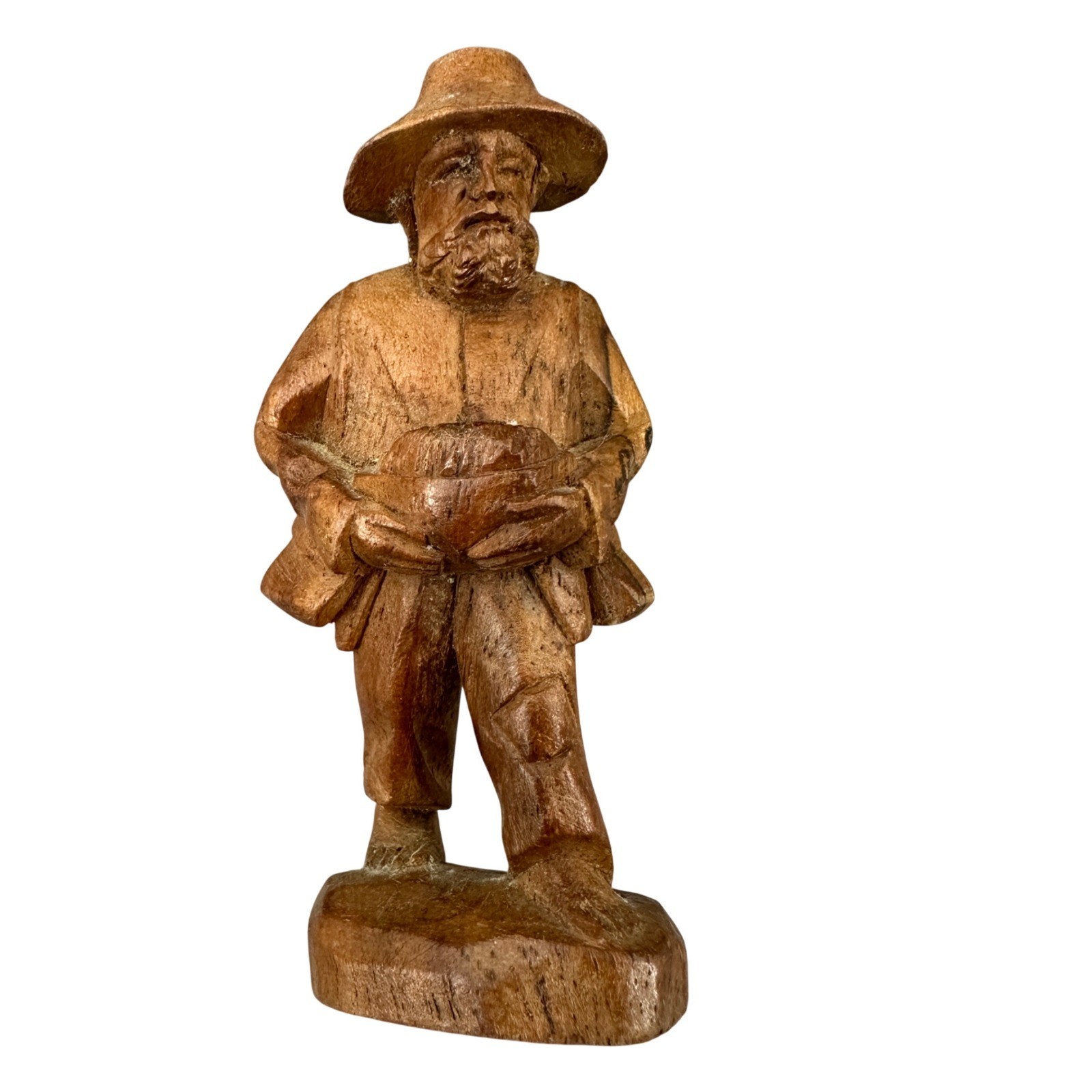 Vintage hand carved wooden traveler barefoot backpack sack vagabond