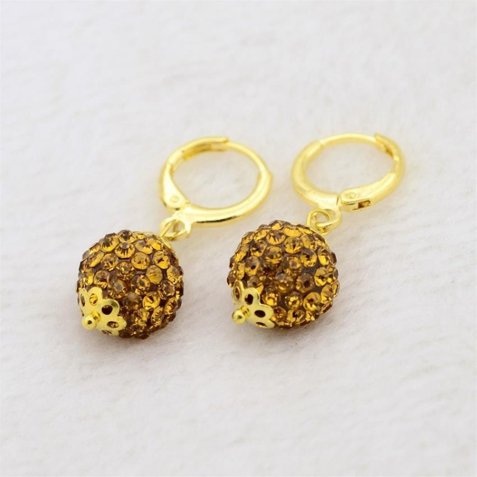Elegant Topaz Austrian Crystal Ball Dangle Yellow and Gold Earrings