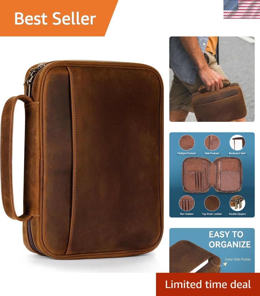 Genuine Leather Bible Cover Cowhide Durable Book Holder with Double Zippers M...