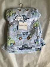 Cutie Pie Trucks Cars Baby Blue Blanket Green Brown Vehicles Automobile HTF NEW