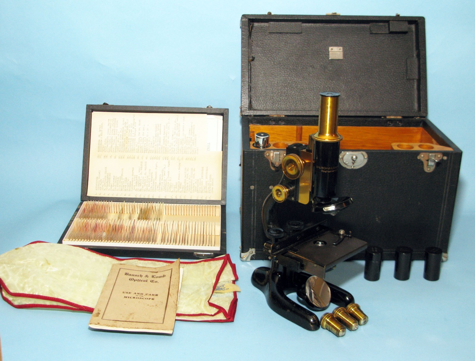 Bausch & Lomb Model FF Microscope – c. 1915–1920 – Case, Glass Slides, Very Nice
