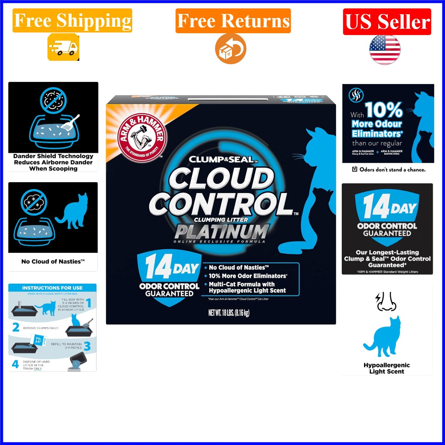 Cloud Control Platinum Clumping Cat Litter, 18 lbs, Multi-Cat, Hypoallergenic