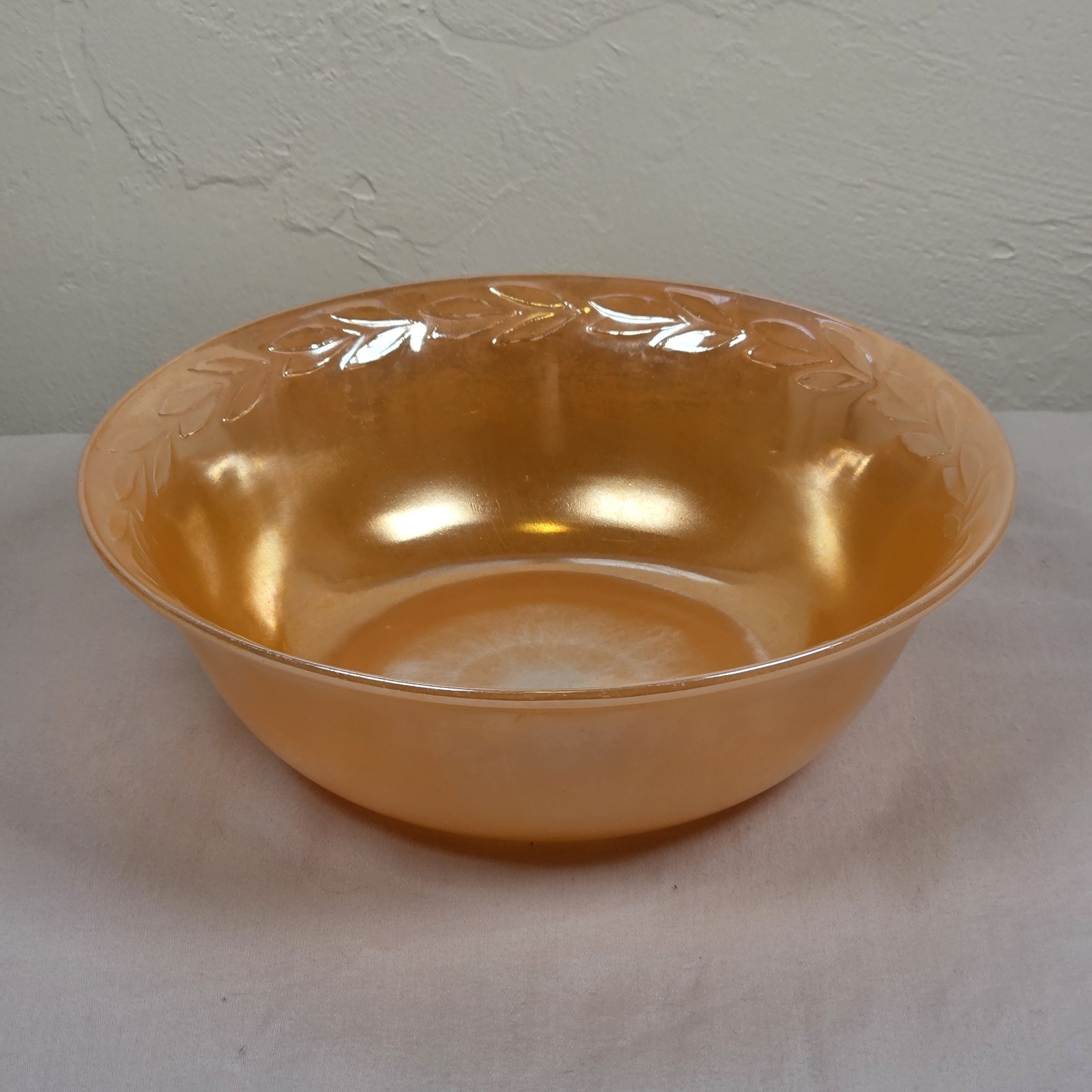 Vintage Fire-King Peach Lustre Laurel Leaf 8” Serving Bowl Anchor Hocking Oven 