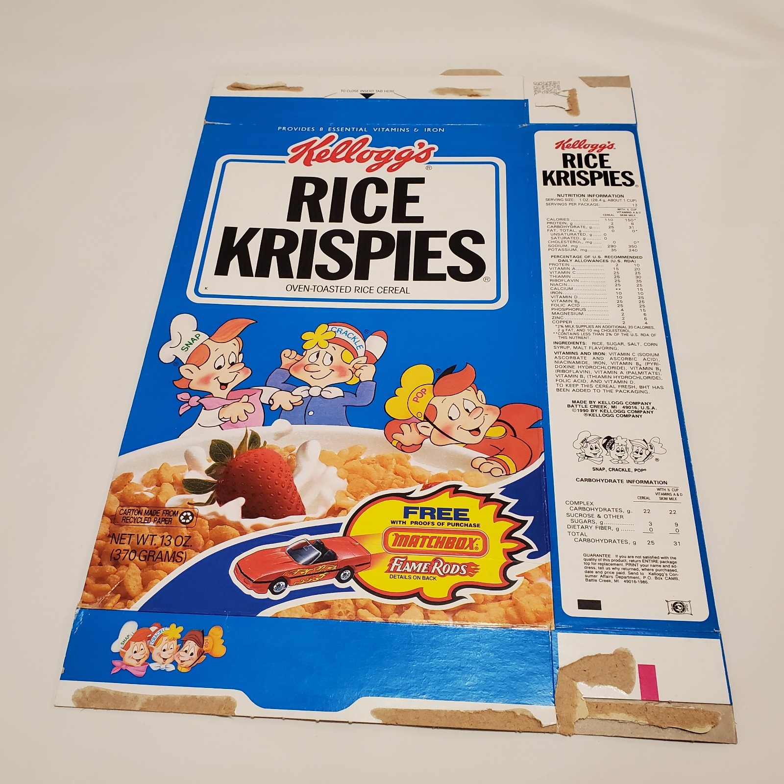 Kellogg’s Rice Krispies Cereal Box Matchbox FLAME RODS CAR TOY 1991 1992 VTG Pop