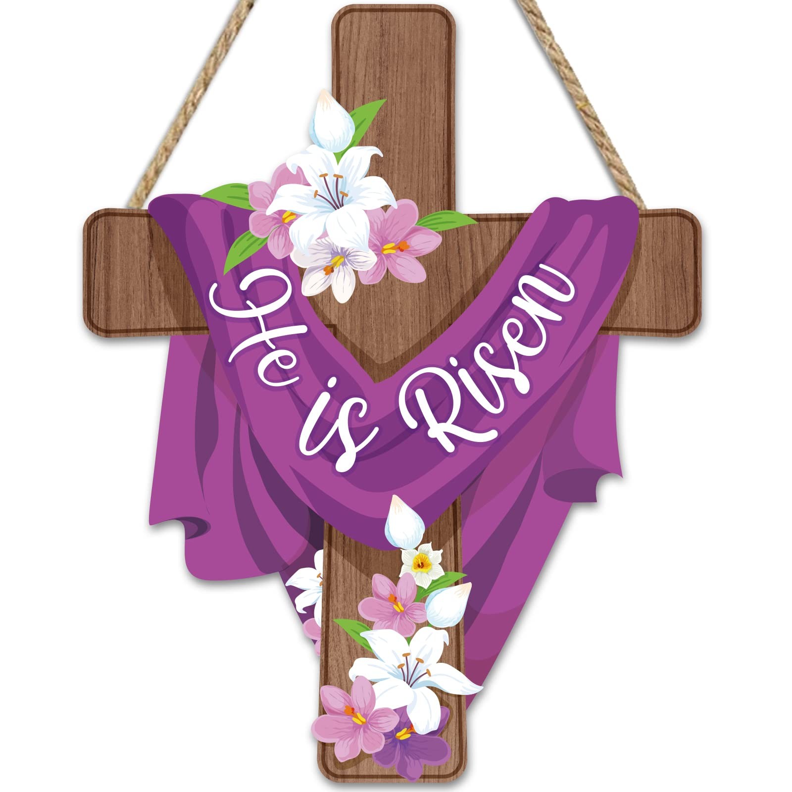 Easter He is Risen Cross Decor Door Sign Hanger Wooden Sign Religious Floral Eas