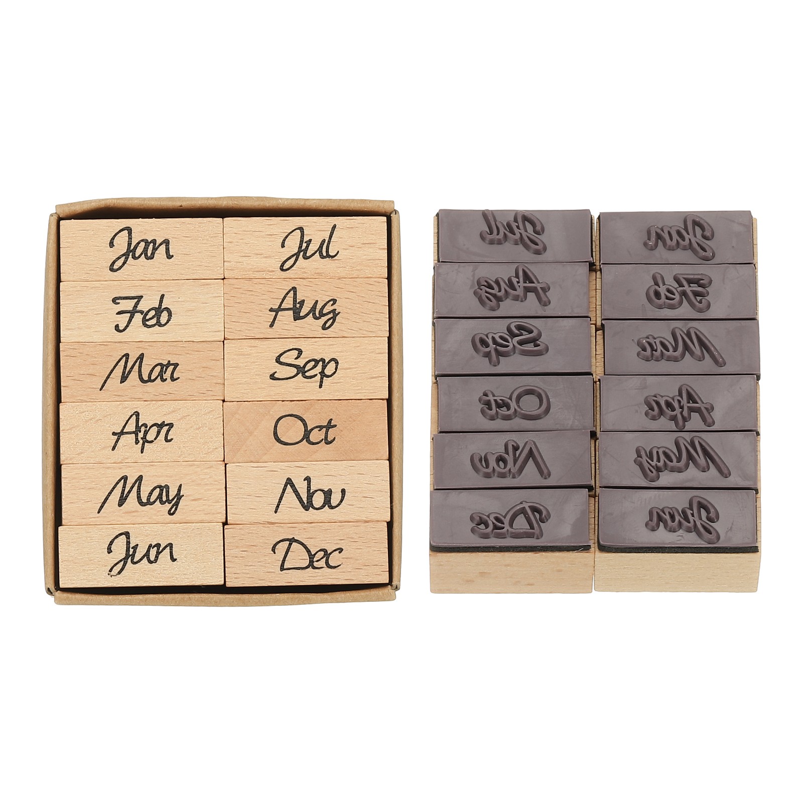 Month Abbreviation Stamps Wood Rubber Stamp, Vintage Monthly Stamps Set Wooden
