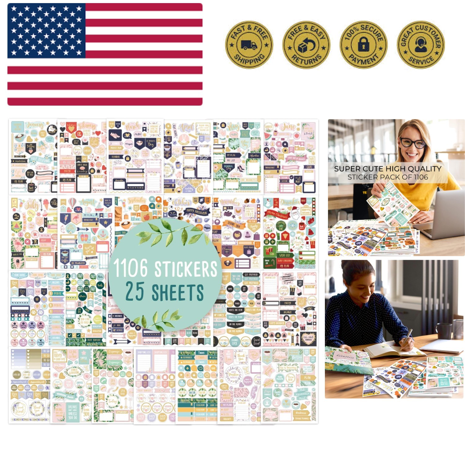 Aesthetic Greenery Planner Stickers for Fun Planning - 1100+ Stunning Gold Fo...