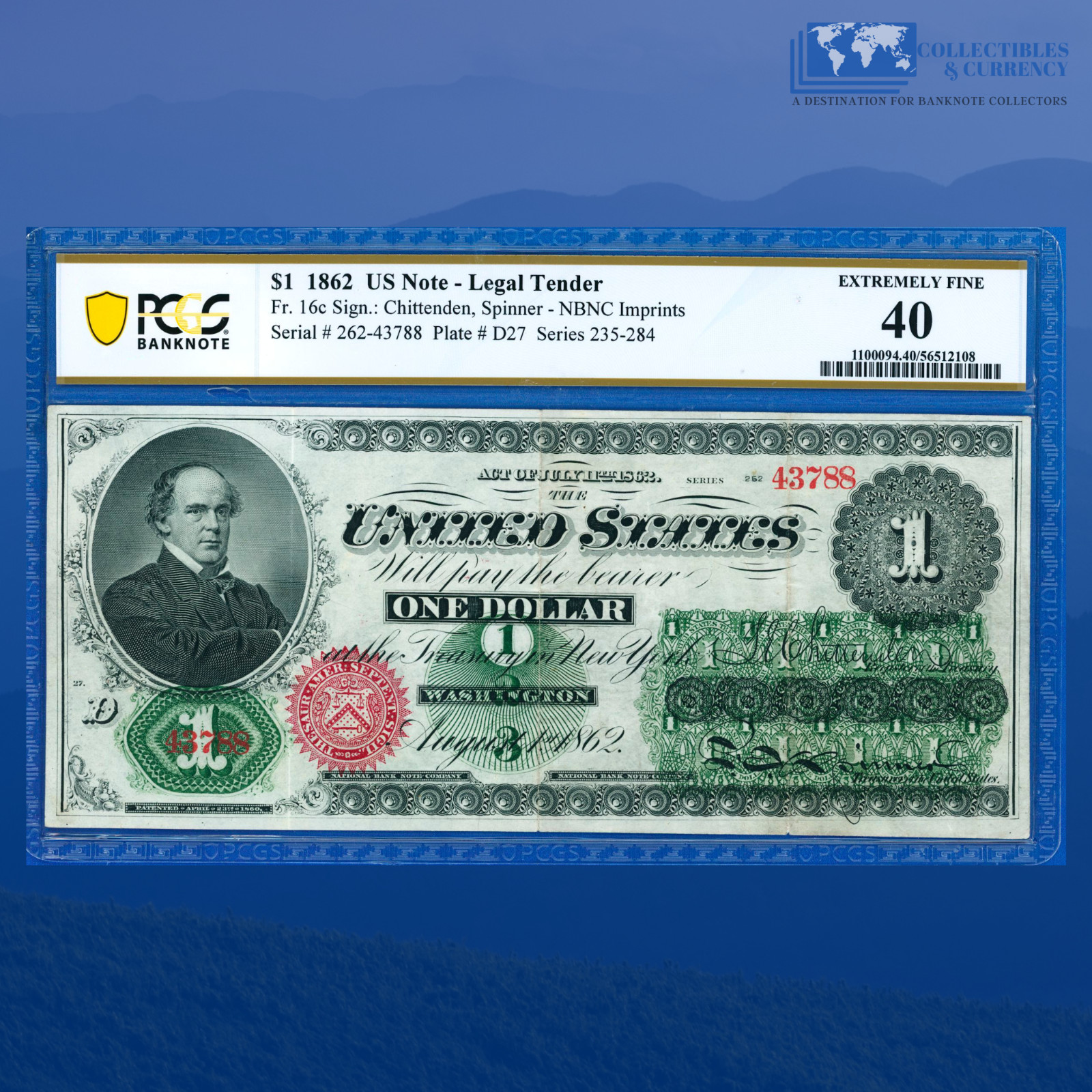 Fr.16c 1862 $1 One Dollar Legal Tender Note, PCGS XF 40 #43788